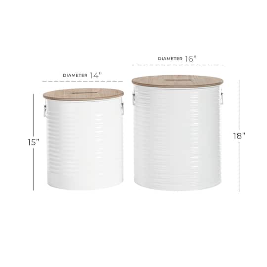 Set of 2 White Metal Farmhouse Storage Stool, 18", 16"